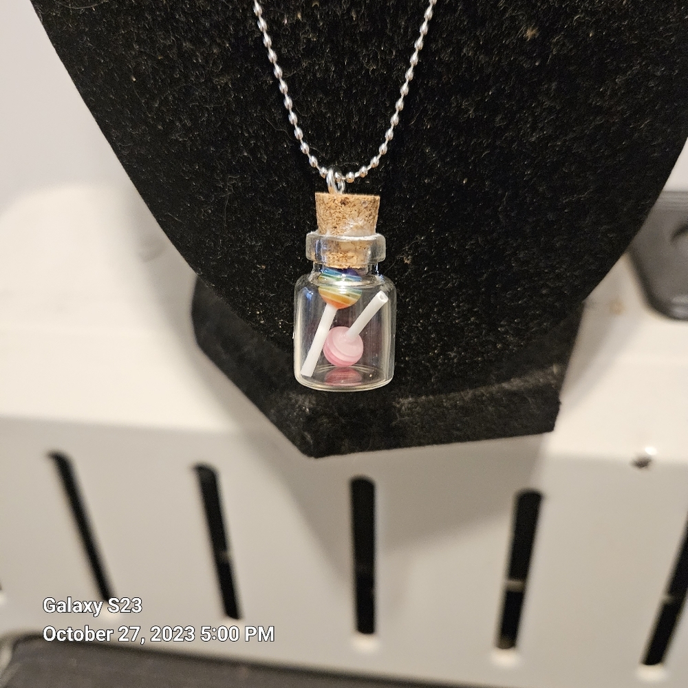 Necklaces with jars full of lollipops handmade